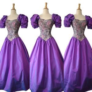 Vintage 80s House of Bianchi Iridescent Raspberry Taffeta Floral Brocade Dress